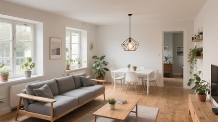 Fototapeta premium bright and airy living room with a gray sofa, wooden furniture, and plenty of plants, illuminated by natural light and a modern pendant lamp