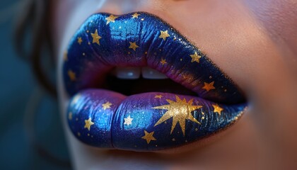 Close-up of lips adorned with vibrant blue, purple starry makeup, featuring golden star accents. Bold artistic expression of lip art, perfect for fashion, beauty, romantic theme, creative makeup