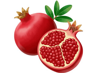 vector illustration fresh pomegranate fruit with arils and leaves