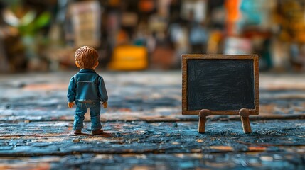 Toy teacher with miniature chalkboard in a classroom setting