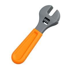 3D render of adjustable wrench with bright orange handle, angled perspective on white background