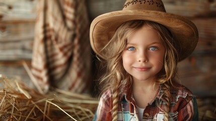 Portrait of a girl in a cowboy hat on a farm background