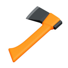 3D render of small axe with sharp black blade and bright orange handle, isolated on white background