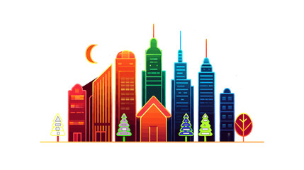 Obraz premium Modern cityscape skyline illustration with colorful buildings and trees vector graphic design