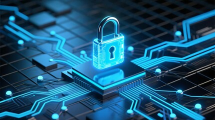 Cyber Security Concept Glowing Padlock on Futuristic Circuit Board