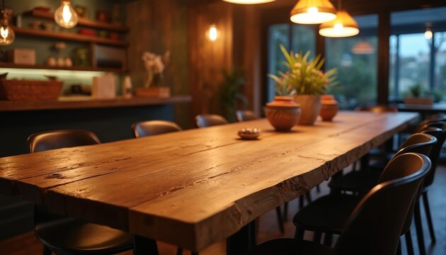 Rustic wooden dining table with modern chairs, warm lighting. Natural wood grain details, unique live edge surface. Set in cozy dining room with ambient lamps creating inviting evening atmosphere.