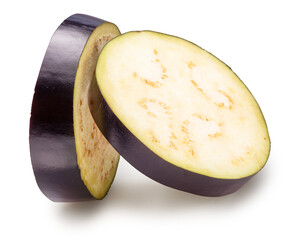 Aubergine or eggplant cross slices isolated on white background. File contains clipping path.