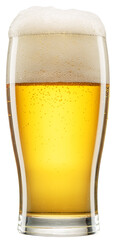 Glass of chilled light beer with beer foam and gas bubbles rising inside, cut out PNG file.