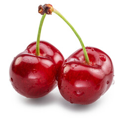 Sweet cherries covered with water drops isolated on white background. Cut out PNG file.