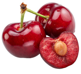 Sweet cherries covered with water drops isolated on white background. Cut out PNG file.