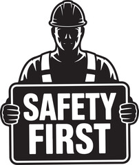 Worker holding construction sign silhouette vector illustration design