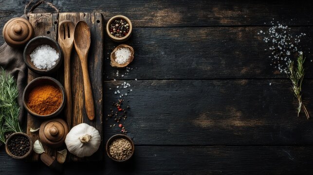 Rustic wooden table with assorted spices herbs and cooking utensils in bowls. - Powered by Adobe