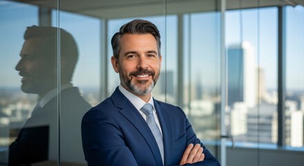 Fototapeta premium Confident Middle Aged Businessman Smiling Arms Crossed Modern Office Background