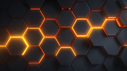 Abstract glowing orange neon hexagons on a dark textured background representing technology and science
