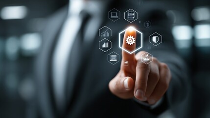 Businessperson s Finger Interacting with Futuristic Technology Interface Showing System