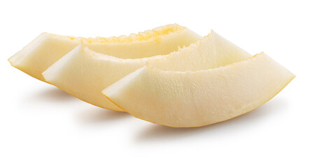Three yellow melon slices isolated on white background. File contains clipping path.