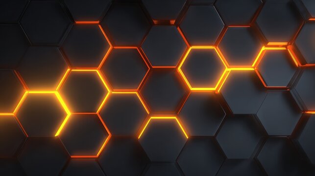 Abstract glowing orange neon hexagons on a dark textured background representing technology and science - Powered by Adobe