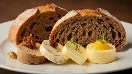 Gourmet Sourdough Bread with Assorted Compound Butters. Artisanal appetizer served on a white plate in a restaurant.