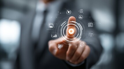 Businessperson Interacting with Futuristic Digital Interface Technology Innovation Management and
