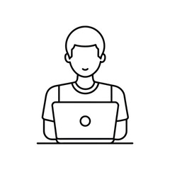 Minimalist Line Drawing of Person Using Laptop with Circular Logo