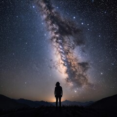 Fototapeta premium Silhouette of person gazing at Milky Way galaxy in night sky 