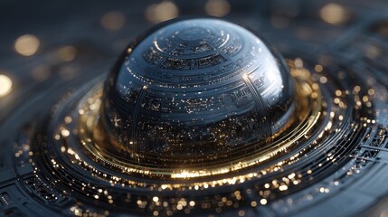 Futuristic orb with intricate glowing circuitry and bokeh lights.