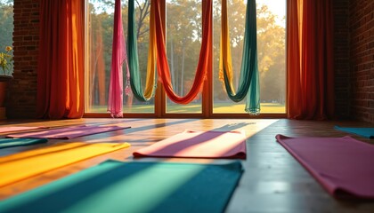 Empty aerial yoga studio with colorful mats and hammocks. Large windows overlook a serene autumn park setting, bathed in warm sunlight, inviting peaceful practice and mindfulness.