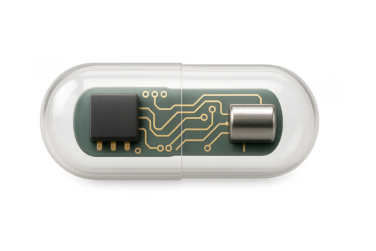 Electronic microchip inside transparent capsule showing its components on transparent background