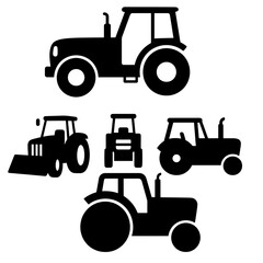 Collection of Simple Black Tractor Icons:  Various Views, Agricultural Equipment, Farming Symbols,  Industrial Design, Vector Graphics.
