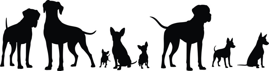 Silhouette of various dog breeds and puppies, standing and sitting pets, black vector design, animal family, cute canine group.