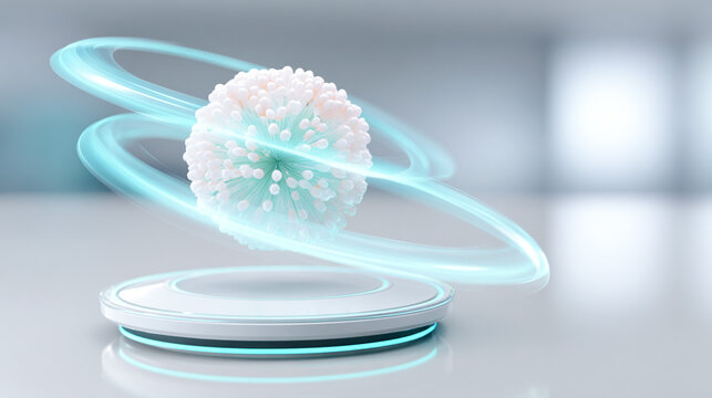 Futuristic 3d render of virus model with glowing rings on a levitating platform, close-up