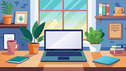 Fototapeta premium Vector art of modern home office desk with laptop, plants, and books, creating a productive and comfortable workspace for remote work and study