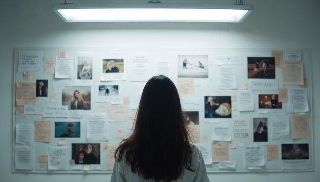 Person contemplates vision board filled with life goals, dreams. Brainstorming, planning, creativity define office concept. Inspiring imagery motivation for startup success, personal achievement. - Powered by Adobe