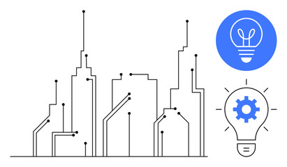 Abstract city skyline with connected circuit elements, light bulb with gear. Ideal for technology, innovation, urban development, smart cities, digital transformation, sustainability, simple landing