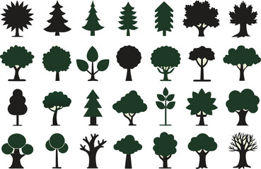Collection of diverse tree silhouettes in green and black