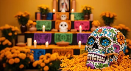 Fototapeta premium Day of the Dead celebration with a decorated sugar skull. Traditional Mexican ofrenda altar with cempasuchil marigold flowers, candles, and papel picado.
