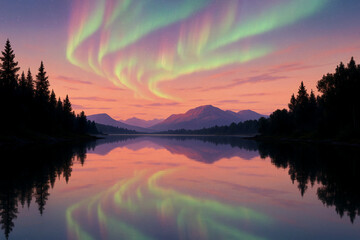 Fototapeta premium Pastel Sky Landscape with Aurora Borealis Reflected on a Serene Lake in a Peaceful Mountain Nature Scene at Night