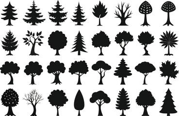 Collection of diverse black tree silhouettes on a white background