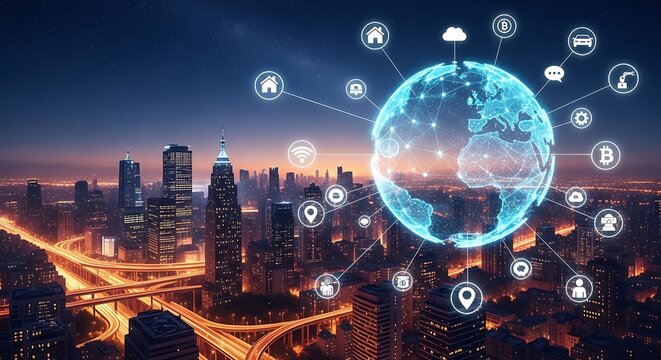 Futuristic cityscape with a glowing globe displaying interconnected network icons, symbolizing global connectivity and smart city technology.