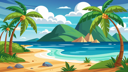 Obraz premium Vector art of vibrant tropical island beach scene with palm trees, lush green mountains, and clear blue ocean water under a sunny sky with fluffy clouds