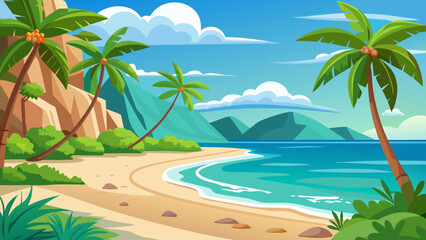 Obraz premium Vector art of serene tropical beach scene with curving sand, clear blue ocean, leaning palm trees, rocky cliffs, and distant green mountains under a sunny sky