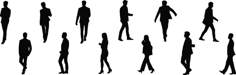 Silhouettes of business people walking, men and women in formal attire, professional office workers, isolated on white background