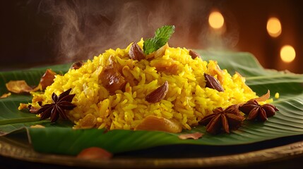 Aromatic, flavorful rice dish served on a bed of banana leaves.