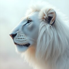Fototapeta premium Celestial Lion Spirit: Ethereal White Lion Profile with Cosmic Ribbons & Nebula Halo in Starry Space - Mystical Digital Art of Divine Majesty