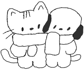 목도리 두른 고양이와 강아지 선 손그림 스티커