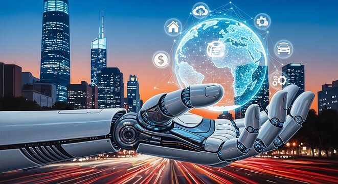 Robotic hand gently cradles a digital globe, showcasing interconnected global technology against a vibrant cityscape backdrop. - Powered by Adobe
