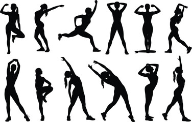 Silhouettes of diverse women performing various stretching and exercise poses, fitness, workout, flexibility, health, active lifestyle, strength, wellness, movement, energy