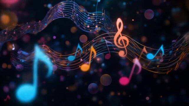Music background with colorful musical notes on a black background. 4k video