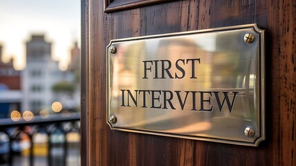Brass plaque on a wooden door reads first interview with a blurred urban cityscape in the background