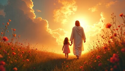 Naklejka premium Jesus Christ leads young girl hand-in-hand through sunlit field of flowers, walking towards radiant light. Digital painting captures moment of serenity, hope, divine love, with backlit silhouette